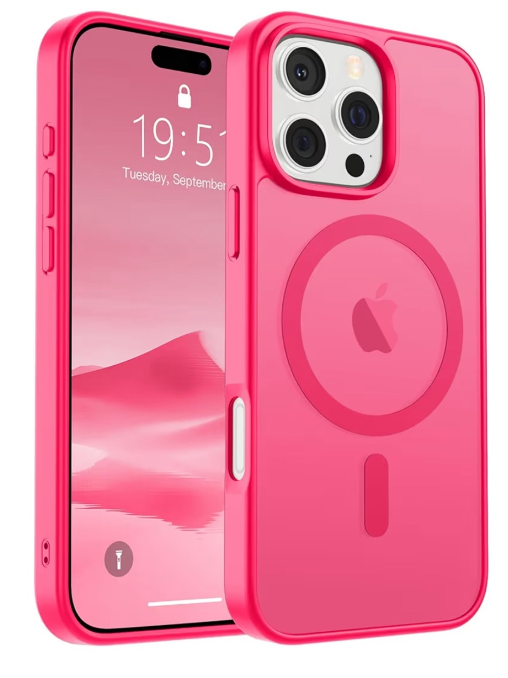Apple iPhone 16 pro max hot pink case with screen protector and phone charger